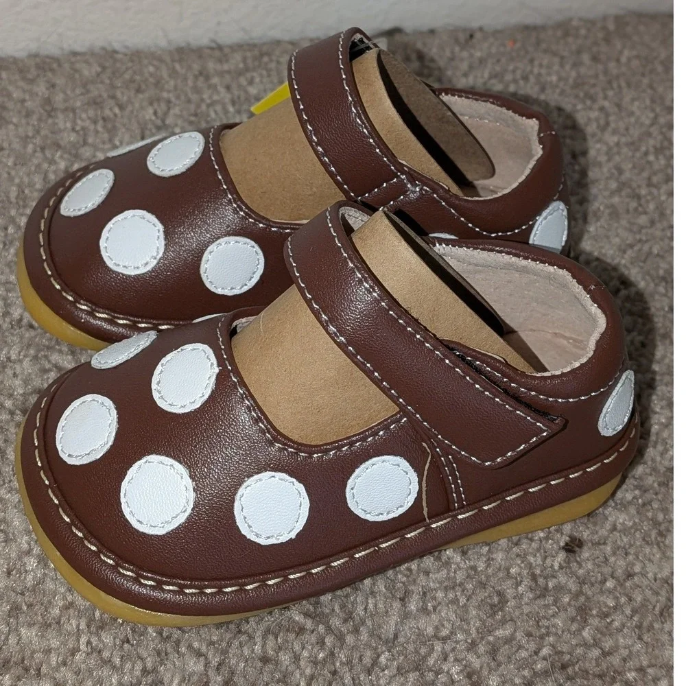 Little Mae's Boutique Brown Polka Dot Squeaky Mary Jane Shoes First Walkers 3